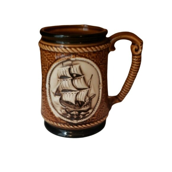 Vintage Deville Beer Mug Schooner Ship Nautical Raised Design Made in Japan - Picture 1 of 11